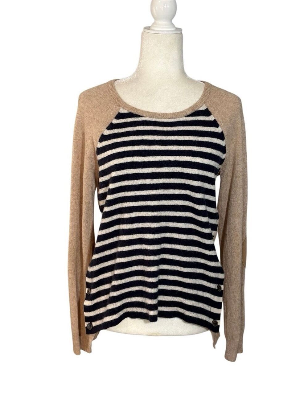 J. Crew side button elbow patch wool blend navy and white striped sweater with t